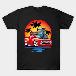 Classic American Hot Rod Pick-up Truck with Sunset Cartoon T-Shirt